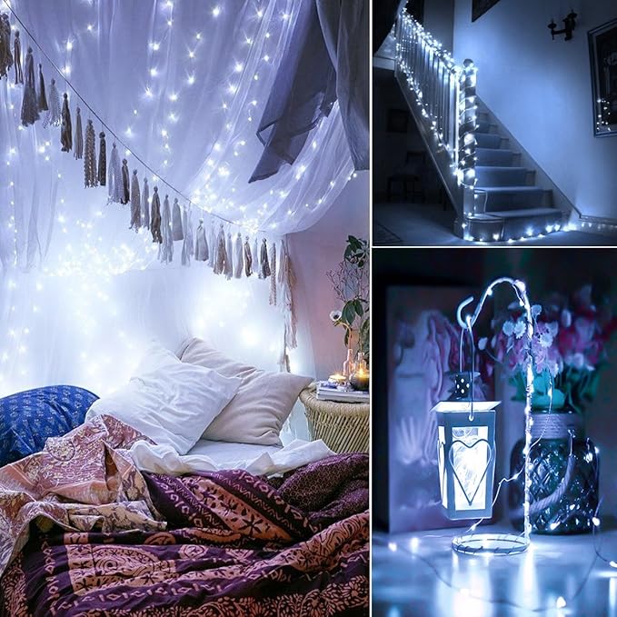 2 x Fairy Lights Battery Operated,Silver Wire Chains 8 Mode 16Ft/5Meter 50 LEDs Timer String Lights with Remote Control for Bedroom Christmas Party Wedding Decoration (Cool White)