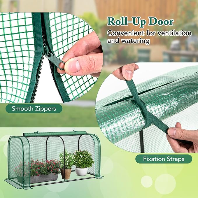 Toolsempire Raised Garden Bed with Greenhouse, Waterproof Sun-Protective Green House with Roll-Up Door & Electroplated Metal Frame, Fir Wood Elevated Planter Box with Drainage Holes(Green+Natural)
