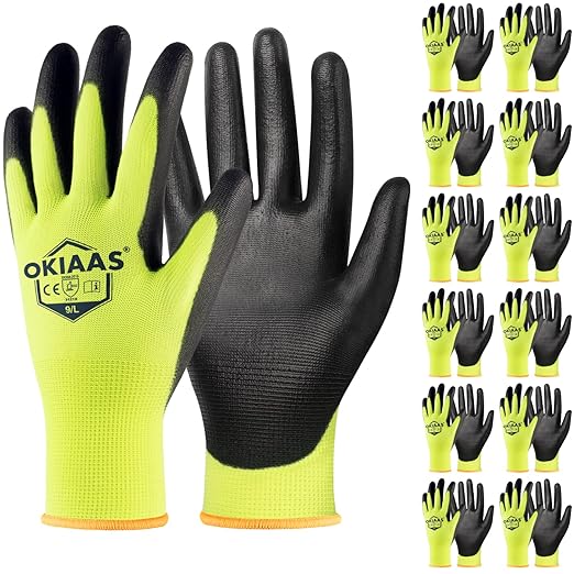 OKIAAS Work Gloves for Men，Ultra Thin and Lightweight Working Gloves with Grip, 12 Pairs Bulk Pack Construction Gloves with Polyurethane Coating, Safety Gloves for Light Duty Work (Green, Large)