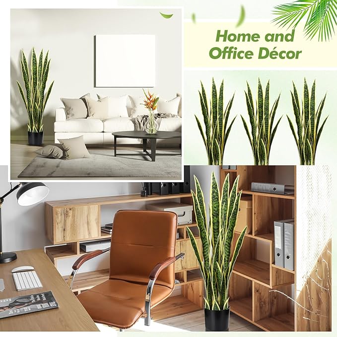 Crowye 3 Pack 3.15 Ft Tall Artificial Snake Plant Faux Sansevieria Plant Large Fake Snake Bulk in Pot for Home Office Housewarming Gift