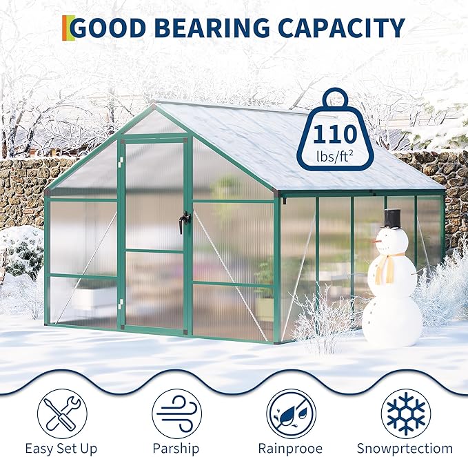 8X10 FT Greenhouse for Outdoors, Large Walk-in Polycarbonate Greenhouse Kit, Aluminum Frame, Lockable Door, Roof Vent, Ground Spikes, for Garden, Patio, Backyard, Outdoor Plant Growth