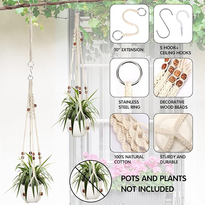 Augshy Macrame Plant Hanger, 2Pcs Hanging Plant Holder with Extender Plant Hangers for Indoor Outdoor Decor Macrame Hanging Planter Basket with 4 Hooks