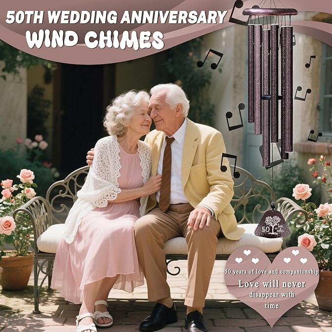 Fusui 50th Anniversary Wedding Gifts, Happy 50th Anniversary Decorations, Best 50 Anniversary's Ideas Gifts for Couple Parents Wife Husband, Golden 50 Years of Marriage Keepsake Wind Chimes 32"