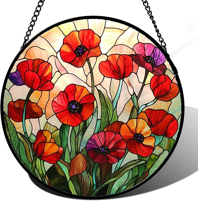Stained Glass Window Hanging - Poppy Birth Flowers Suncatcher for Door Garden Yard Wildflowers Sun Catchers Decor Christmas Mother's Day Birthday Gifts for Women Mom Nana Friend 9.8 in