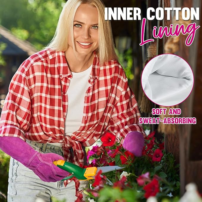 HANDLANDY Ladies Leather Gardening Gloves, Thorn Proof Women Rose Pruning Garden Yard Glove, Heavy Duty Long Sleeve Gloves (Medium, Rosy)