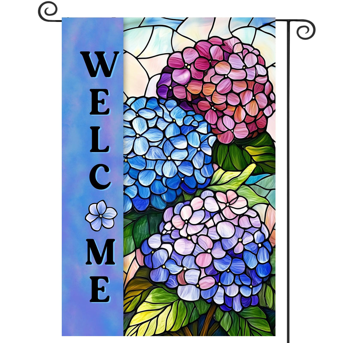 Hydrangea Spring Summer Garden Flag for Outside Stained Glass Flower Yard Decor 12x18 Double Sided Blue Floral Welcome Outdoor Banner