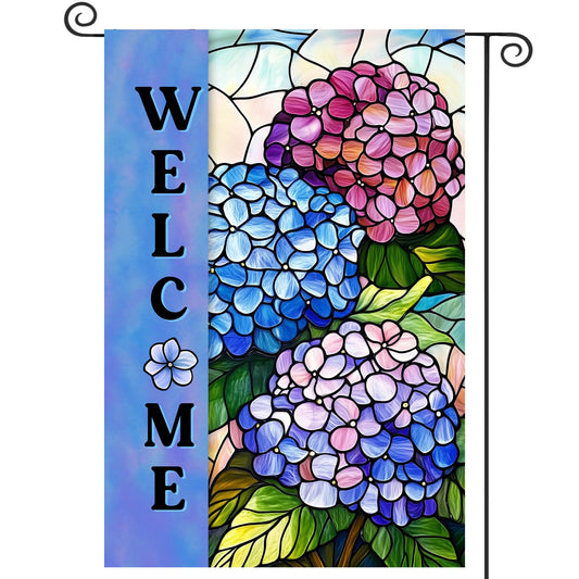 Hydrangea Spring Summer Garden Flag for Outside Stained Glass Flower Yard Decor 12x18 Double Sided Blue Floral Welcome Outdoor Banner