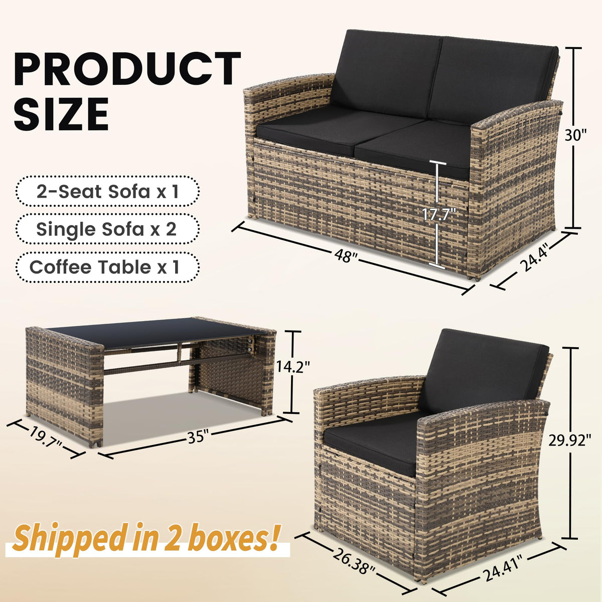 KROFEM 4 Piece Patio Furniture Set, Outdoor Wicker Conversation Set