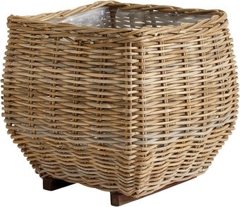 MY SWANKY HOME Elegant Curved Square Natural Rattan Planters with Liners Floor Baskets