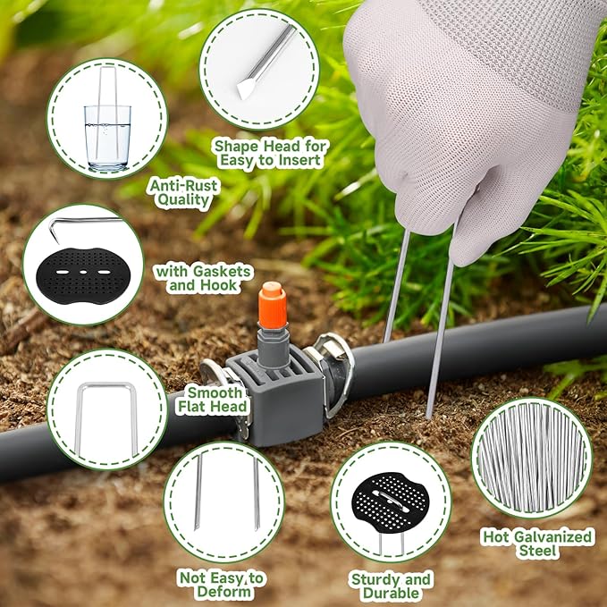 Garden Stakes,6 Inch 11 Gauge 20pcs Galvanized Landscape Staples + 20pcs Gaskets + 1Pick Hook, Tent Stakes Landscaping Fabric SOD Pins for Weed Fabric Barrier,Groud Cover,Fence