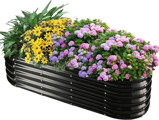 17" Tall Outdoor Garden Raised Garden Bed Kits, 5ft X 2ft Oval,0.8MM Thick Metal Raised Planter Bed/Ground Planter Box for Variety of Flowers,Herbs,Vegetables (Black, 60X24X16.5 Inches)