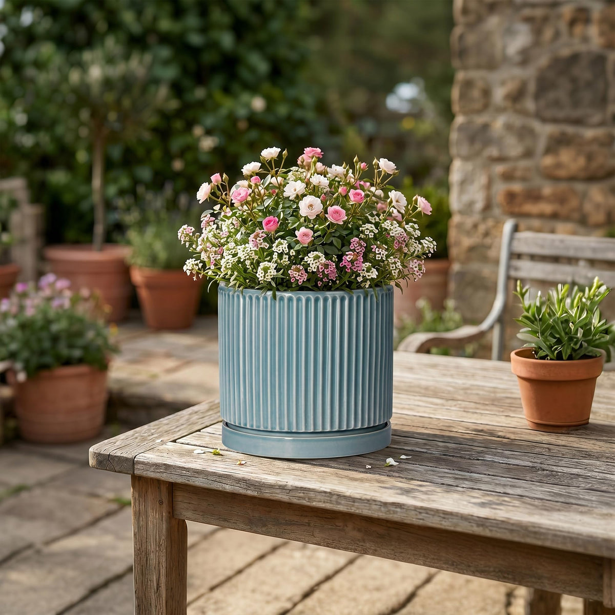 Wliror 6 Inch Flower Pots, Ceramic Pots for Plants with Tray, Glaze Blue