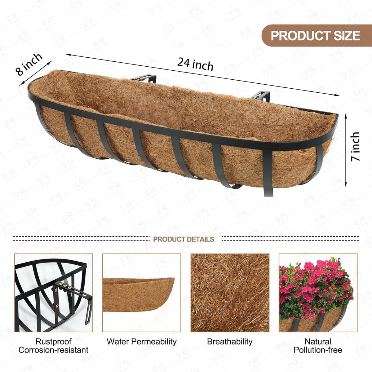 HUNIKC Window Boxes Planters Railing Planter Box with Adjustable Brackets for Porch Fence Patio Balcony Hanging Flower Baskets with Coco Liners for Outdoor Garden Décor (24 Inch / 2 Packs)