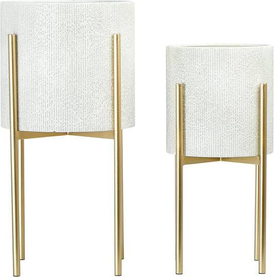 Main + Mesa Modern Boho Embossed Metal Planters with Stands, White and Gold, Set of 2 Sizes