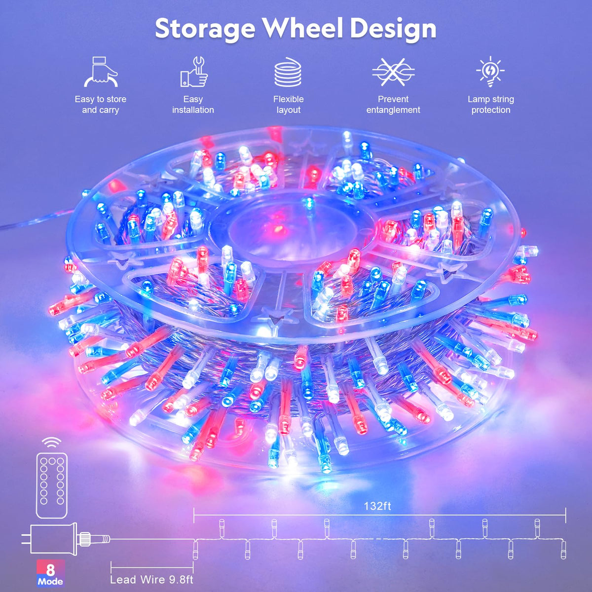 JMEXSUSS 400 LED Red White and Blue String Lights Outdoor, Plug in