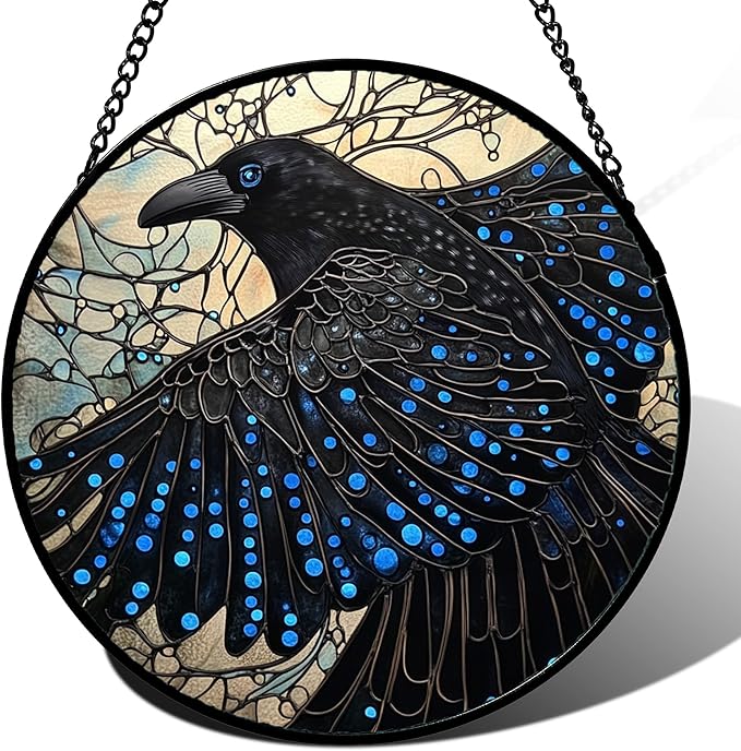 Stained Glass Window Hanging - Black Crow Big Wings Suncatcher for Doors Garden Patio Bird Sun Catchers Decor Christmas Mother's Day Birthday Gifts for Women Men Mom Nana Friend 15 in