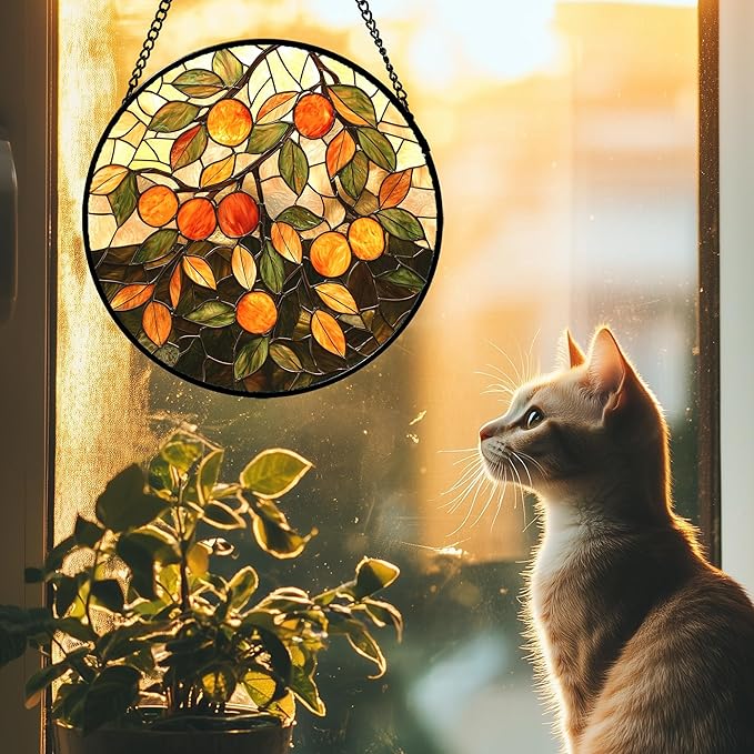 AMDERVEN Stained Glass Suncatcher, Orange Green Fruit Tree Sun Catcher Landscape Stain Glass Window Hanging Decoration Mother's Day Birthday Gifts for Women Men Mom Nana 6.3 in