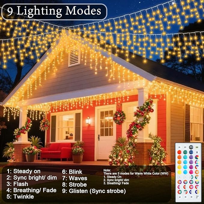 Color Changing Christmas Icicle Lights with Remote, 35 Colors 9 Modes String Lights Outdoor, 240 LED 38.5 FT RGB Waterproof Hanging Lights for Roof Window Home Party Easter Valentine's Day Decor