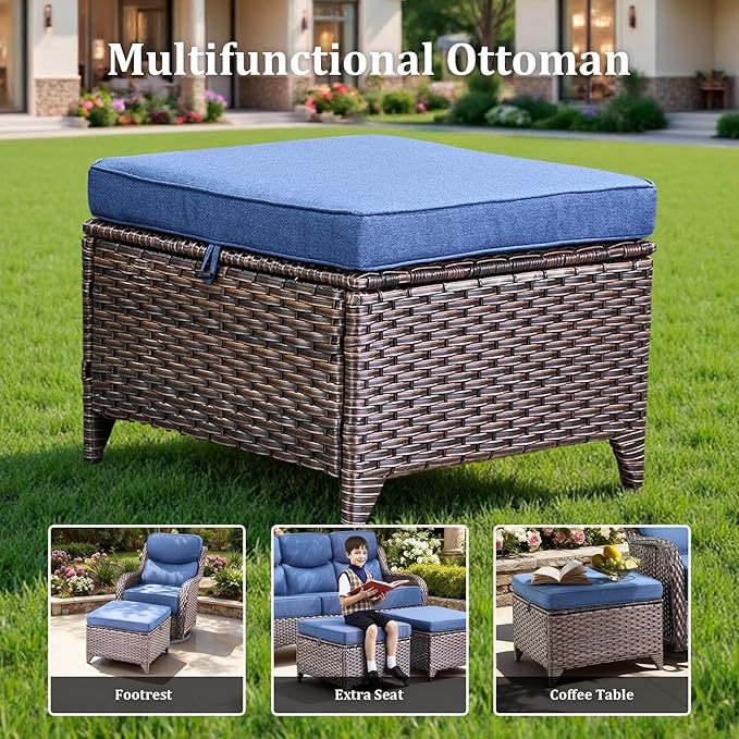Luxury High Back Patio Furniture Set with Fire Pit Table & 6-Inch Thick Cushions, 5-Pieces Outdoor Furniture with 4 Swivel Chairs, Wicker Conversation Set for Porch, Balcony, Deck and Yard, Brown/Blue
