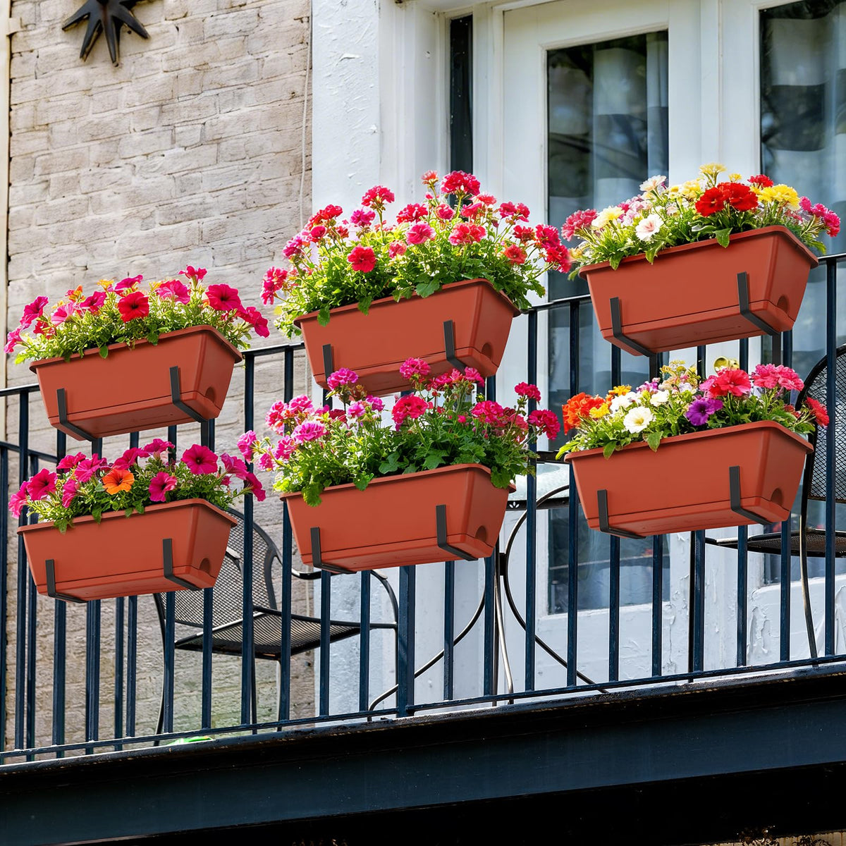YAHKBTEN Railing Planter Boxes 17 Inches Rectangular Window Box Planters with Flower Box Brackets 2 Tier Adjustable Balcony Planters for Indoor Outdoor Herb Plants Hanging Porch Fence Rail