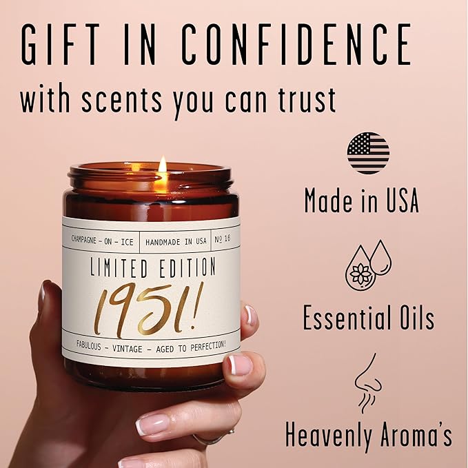75th Birthday Gifts for Women - 'Limited Edition 1951' Soy Candle, w/Champagne on Ice I 75th Birthday Gift for Her Ideas I 9oz Reusable Jar, 50Hr Burn, Made in USA