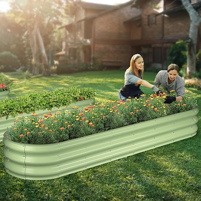 Raised Garden Bed Kit, 8x2x1 ft Galvanized Planter Box Outdoor, Oval Large Metal Raised Beds for Gardening Vegetables Flower Herb (Avocado Green)