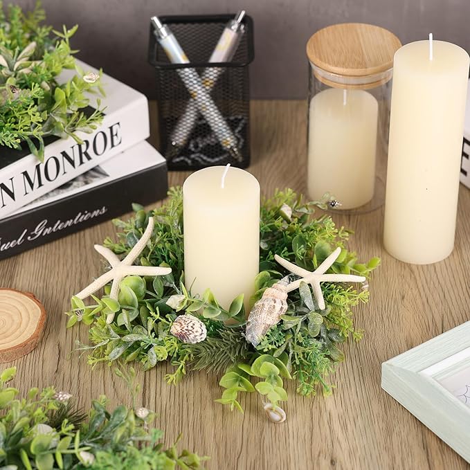 6 Pcs Shell Starfish Swag Wreath Summer Wreaths for Kitchen Cabinet Mini Artificial Rustic Farmhouse Wreaths with Ribbon for Pillar Front Door Porch Wall Window Farmhouse Decoration