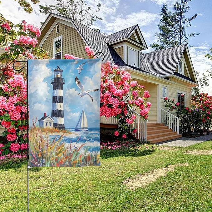 Lighthouse Seagulls Garden Flag 12x18 Inch Double Sided All-Weather Polyester Outdoor Flag For Patio Lawn Yard And Garden Welcome Decor