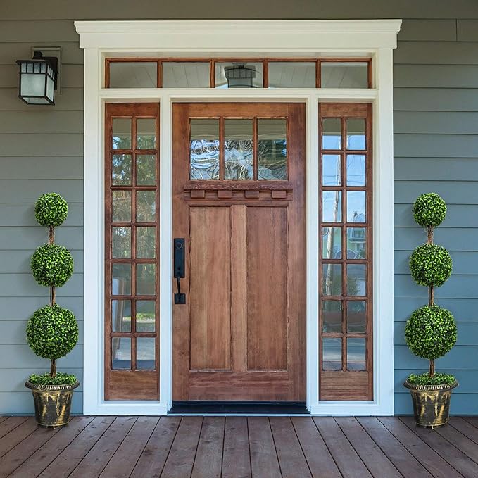 DREAMADE 4ft Topiary Trees Artificial Outdoor/Indoor, Faux Plants Shrub Bushes w/Cement-Filled Retro Pot, Fake Triple Ball Boxwood Topiary Set of 2 for Home, Office, Porch, Front Door, Entrance