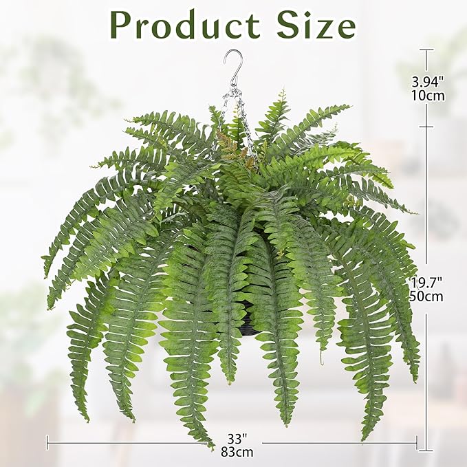 Hollyone 33" Artificial Boston Fern Hanging Basket Large 39 Leaves Fake Ferns in Rattan Pot Greenery Plants for Outdoors & Indoor Faux Fern Bush Basket Plant Patio Garden Home Decor Dusty Green