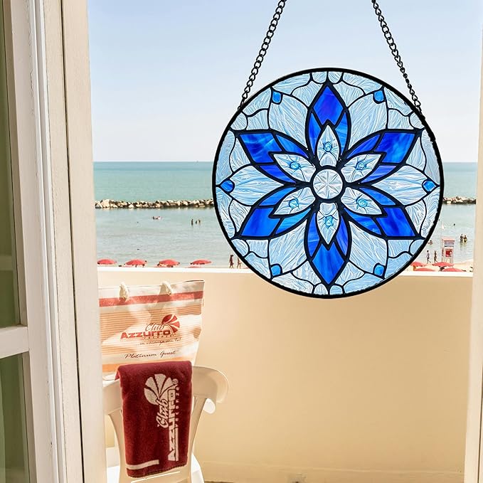 AMDERVEN Stained Glass Window Hanging, Blue Tiffany Style Flowers Sun Catcher for Window Door Home Decor Suncatcher Christmas Mother's Day Birthday Gifts for Women Men Mom and Nana 11.8 in