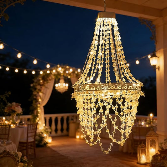 Solar Hanging Acrylic Crystal Chandelier Outdoor Garden Decorative Lights Powerful Lithium Battery 54 Warm LEDs Easy Hanging Waterproof Outdoor Lantern for Valentine Garden Gazebo, Party, Wedding,Tree