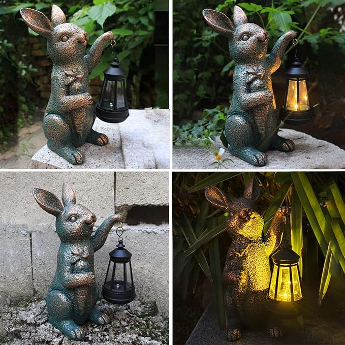 Solar Garden Statues -Rabbit Lantern Outdoor Handmade Resin Statue with LED Light, Cute Carrot Holder for Patio, Yard, Gift Ideas (rabbit2)