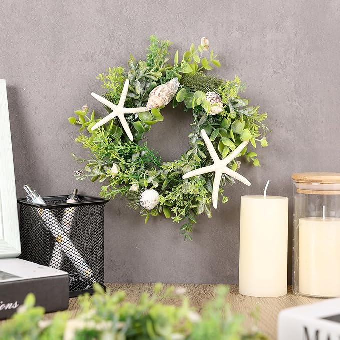 6 Pcs Shell Starfish Swag Wreath Summer Wreaths for Kitchen Cabinet Mini Artificial Rustic Farmhouse Wreaths with Ribbon for Pillar Front Door Porch Wall Window Farmhouse Decoration