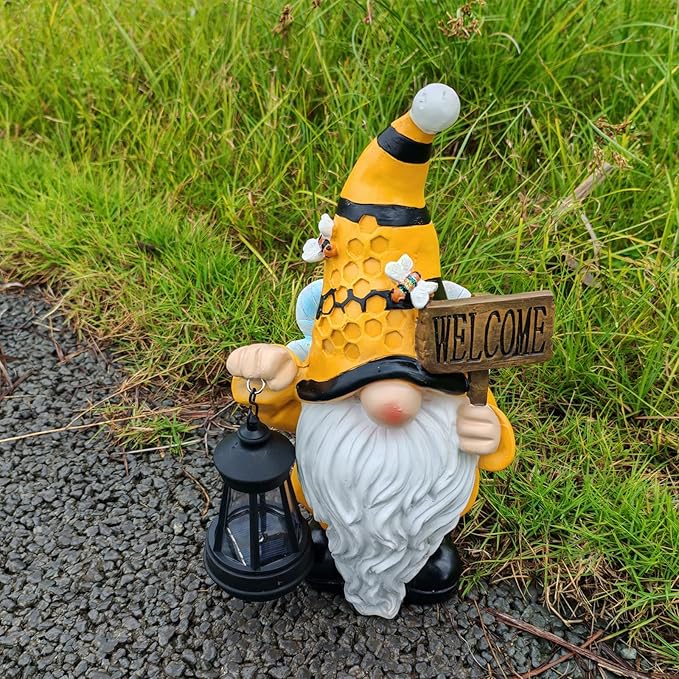 Maikall Rish Gnome Garden Statues with Solar Lights Outdoor Gnomes Sculpture Yard Patio Decor for Lawn Ornaments Gardening Gifts（Bee Gnome