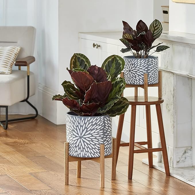 LA JOLIE MUSE Ceramic Planter with Wood Stand - 8 Inch Unique Modern Flower Pots Indoor with Wood Planter Holder and Drainage, Frost Gray