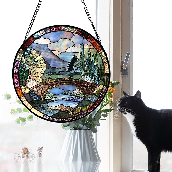 AMDERVEN Stained Glass Window Hanging, Blue Landscape Arch Bridge Sun Catcher for Door Home Decor Suncatcher Christmas Mother's Day Birthday Gifts for Women Men Mom and Nana 6.3 in