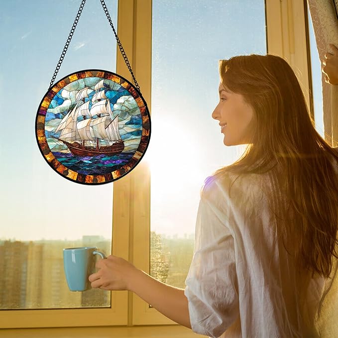 DASTOLL Stained Glass Window Hanging, Sailing Ocean Sun Catchers Glass Panel Navigation Suncatcher Decor for Birthday for Women, Men, Wife, Aunt, and Mom 6.3 in