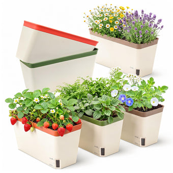 OurWarm Self Watering Pots for Indoor Plants, 6 Pack 10.5 Inch Plastic Window Herb Planter Box with Water Level Indicator, Modern Decorative Windowsill Planters for Herbs, Flowers, Seedlings