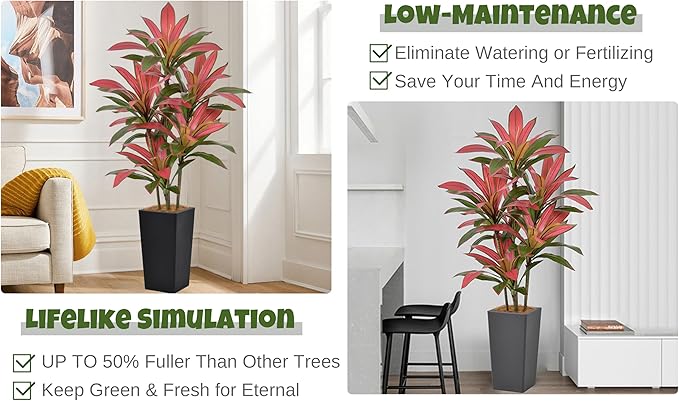 Roselywed Artificial Red Dracaena Tree 5FT with 90 Leaves & 6 Heads & White Tall Planter Cover with Coconut Fiber Tall Faux Tropical Silk Bicolor Plant 60 Inch for Indoor Home Office Porch Mall Decor