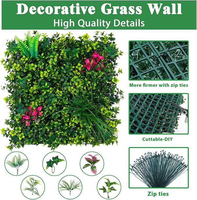 Yangrass Artificial Boxwood Wall Panels, 20''x20'' 16pcs Grass Wall Panels with Mint Plant Leaves, Greenery Backdrop Privacy Screen with UV Protection, Green Grass Wall for Garden Indoor Outdoor Decor