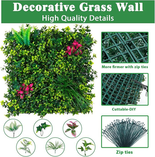 Yangrass Artificial Boxwood Wall Panels, 20''x20'' 12pcs Grass Wall Panels with Mint Plant Leaves, Greenery Backdrop Privacy Screen with UV Protection, Green Grass Wall for Garden Indoor Outdoor Decor