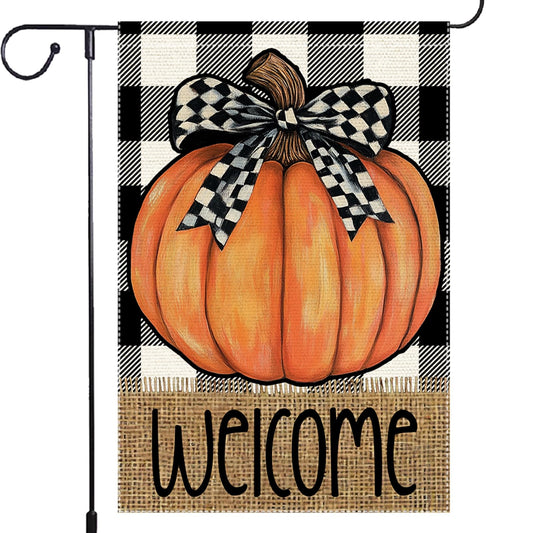 Welcome Buffalo Plaid Fall Garden Flag Pumpkin Garden Flags 12.5x18 Inch Double Sided Small Vertical Autumn Bowknot Thanksgiving For Decor Yard Outdoor Decoration