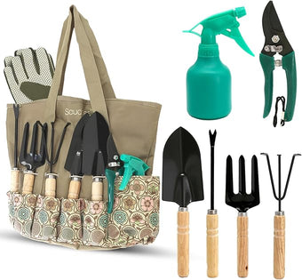 Scuddles 8-Piece Garden Tool Set with Heavy-Duty Tote Bag – Stainless Steel Gardening Tools with Wooden Handles, Non-Slip Grip, Gloves, Hand Rake, Trowel, Pruner & Sprayer for Planting & Landscaping