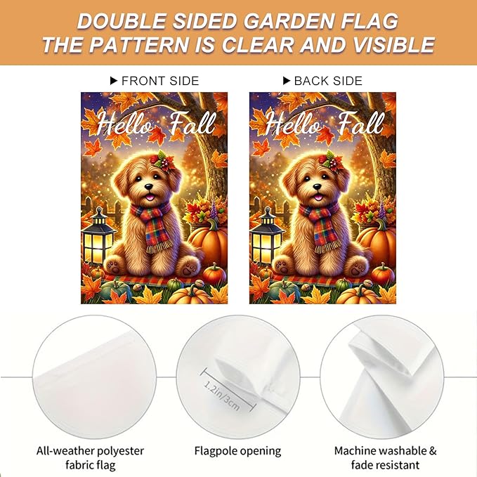 Hello Fall Garden Flag Thanksgiving Flag Cute Puppy Scarf Pumpkins Autumn Leaves Lantern Outdoor Yard Decor 12x18 Inch Double Sided Banner For Front Porch Lawn Patio Seasonal Home Decoration