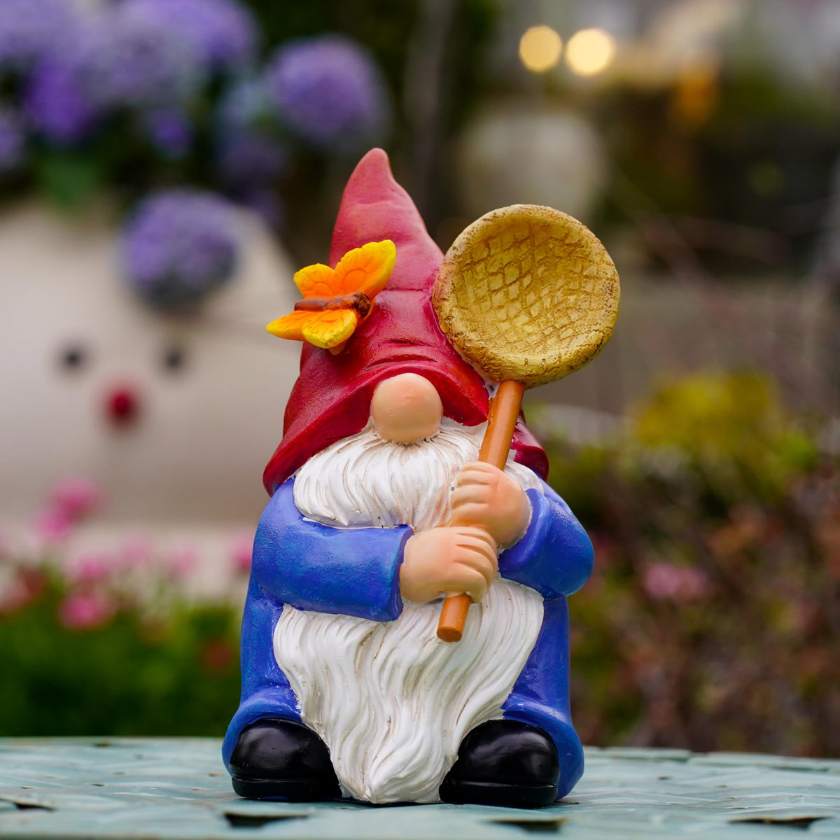 Garden Gnome Statue with Butterfly Net, Garden Decor