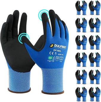Safety Work Gloves MicroFoam Nitrile Coated-12 Pairs Pack,Blue Seamless Knit Nylon Glove with Black Micro-Foam Nitrile Grip,Ideal for General Purpose,Automotive,Home Improvement,Painting(Medium)