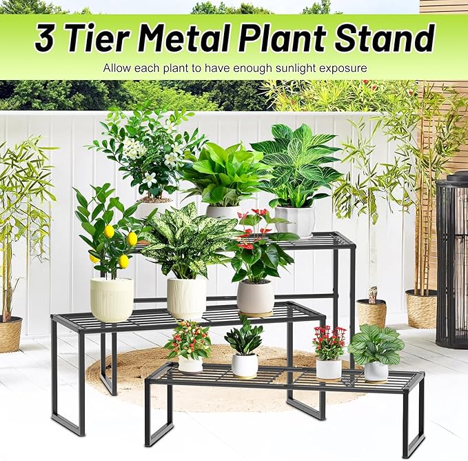 Metal Plant Stand Indoor Outdoor, 3 Tier Potted Multiple Flower Pot Holder Rack Plant Shelf, Heavy Duty Planter Display Shelving for Patio Balcony Garden Living Room Decorative (Black-3 Tier)