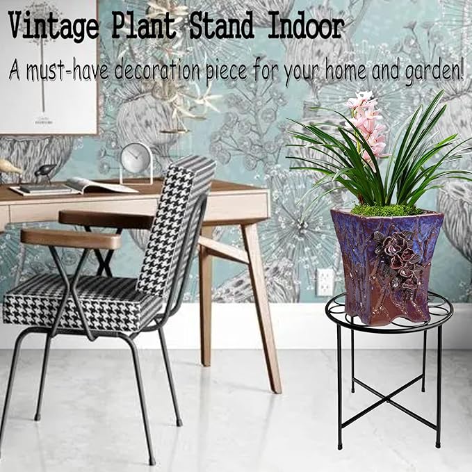 ZEECER Plant Stand Outdoor Indoor 15'' Tall Set of 1, Retro Design Single Rust-proof Coated Round Metal Plant Stand Flower Stands for Indoor Plants Patio Garden Home Decor