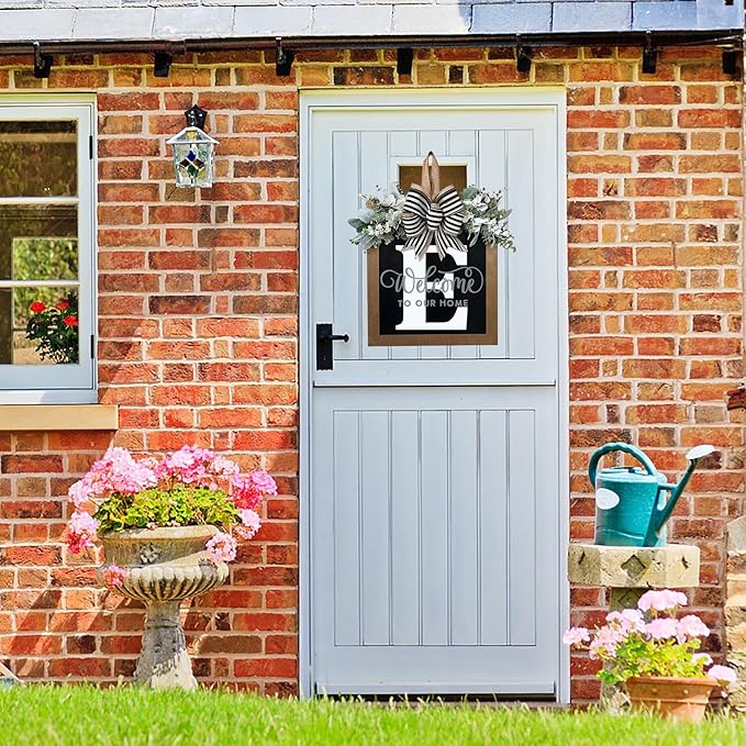 Last Name All Year Wreath, for Front Doors, Spring, Fall, 26 Last Name Letters All Year Round Wreaths, Suitable for Wedding Decorations, Home Porches, Farmhouses, Yards, Garden Decorations, Gifts (E)